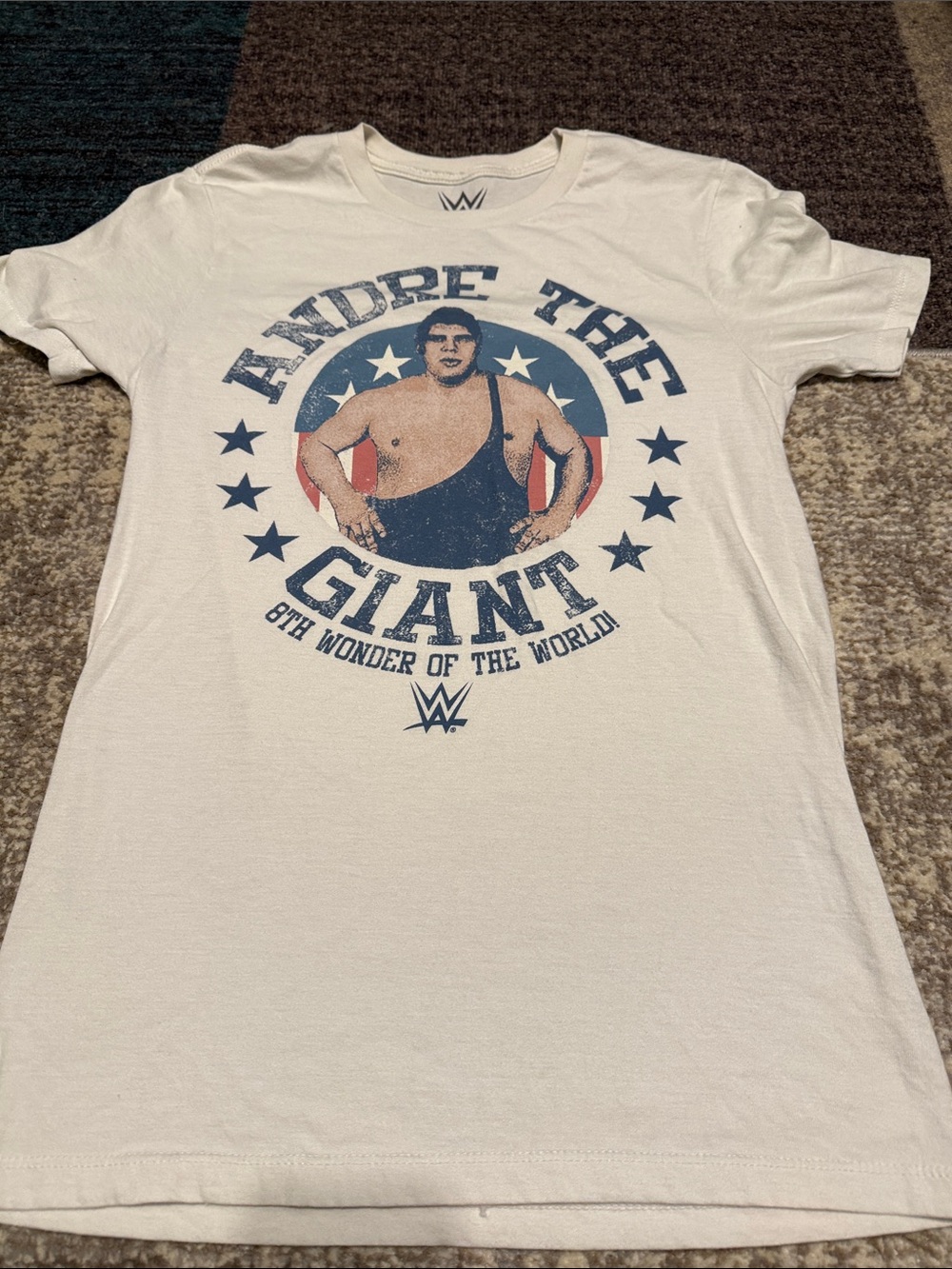 WWE Andre The Giant Off White Tee with Blue and Red Graphic